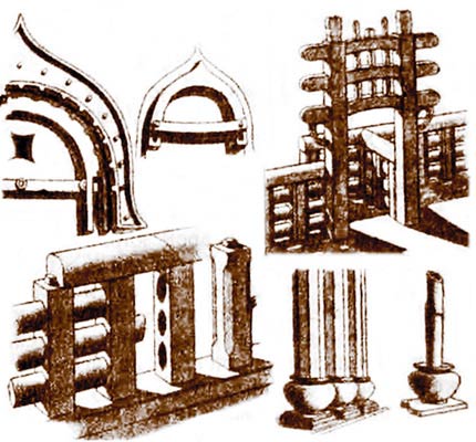 Деревянные ворота, ограда. I в. до н. э. Реконструкция по каменным сооружениям в Санчи - www.Arhitekto.ru