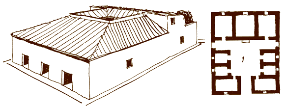 Этрусский жилой дом, общий вид, план. 1 - атриум