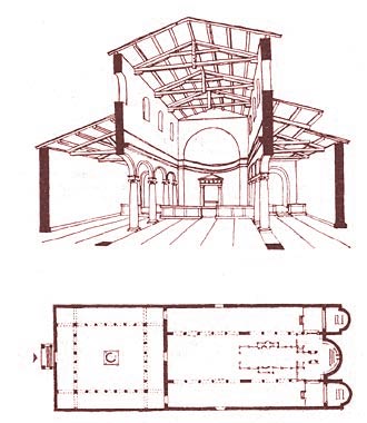Раннехристианская базилика. Вид внутреннего пространства и схема плана. Равенна. 526-530 гг. - www.Arhitekto.ru